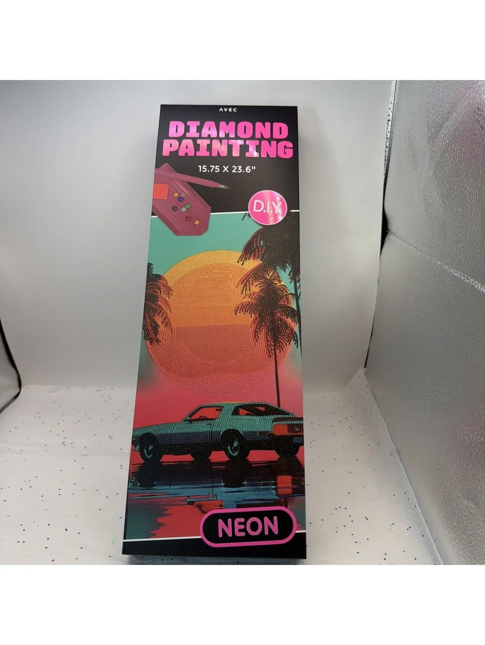 AVEC DIY Diamond Art Painting Kit Pink Neon Car In Sunset Design, 15.75 x 23.6